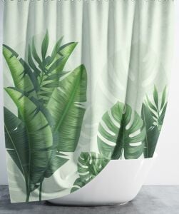 Banyo Perdesi 1x180x200 Tek Kanat Duş Perdesi Halka Hediyeli Duşakabin Perdesi Tropical Green