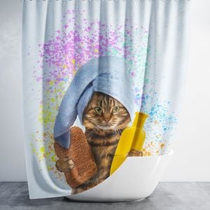 Banyo Perdesi 1x180x200 Tek Kanat Duş Perdesi Halka Hediyeli Duşakabin Perdesi Shower Cat