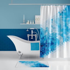 Banyo Paspas Ve Tek Kanat Duş Perdesi 1x180x200 Set Banyo Halısı Blue Square