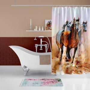 Banyo Paspas Ve Tek Kanat Duş Perdesi 1x180x200 Set Banyo Halısı Horses
