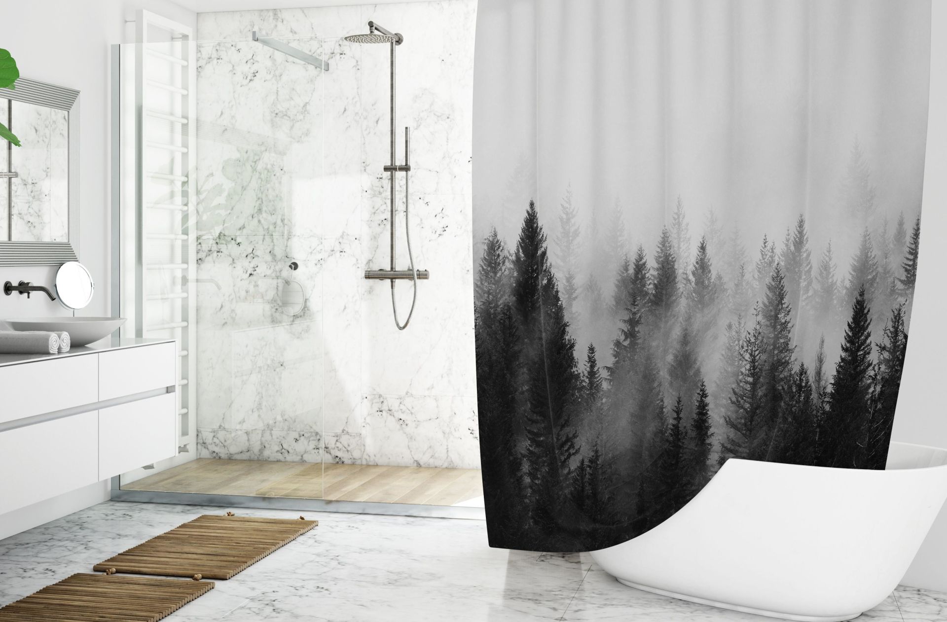 Banyo Perdesi 1x180x200 Tek Kanat Duş Perdesi Halka Hediyeli Duşakabin Perdesi Forest View