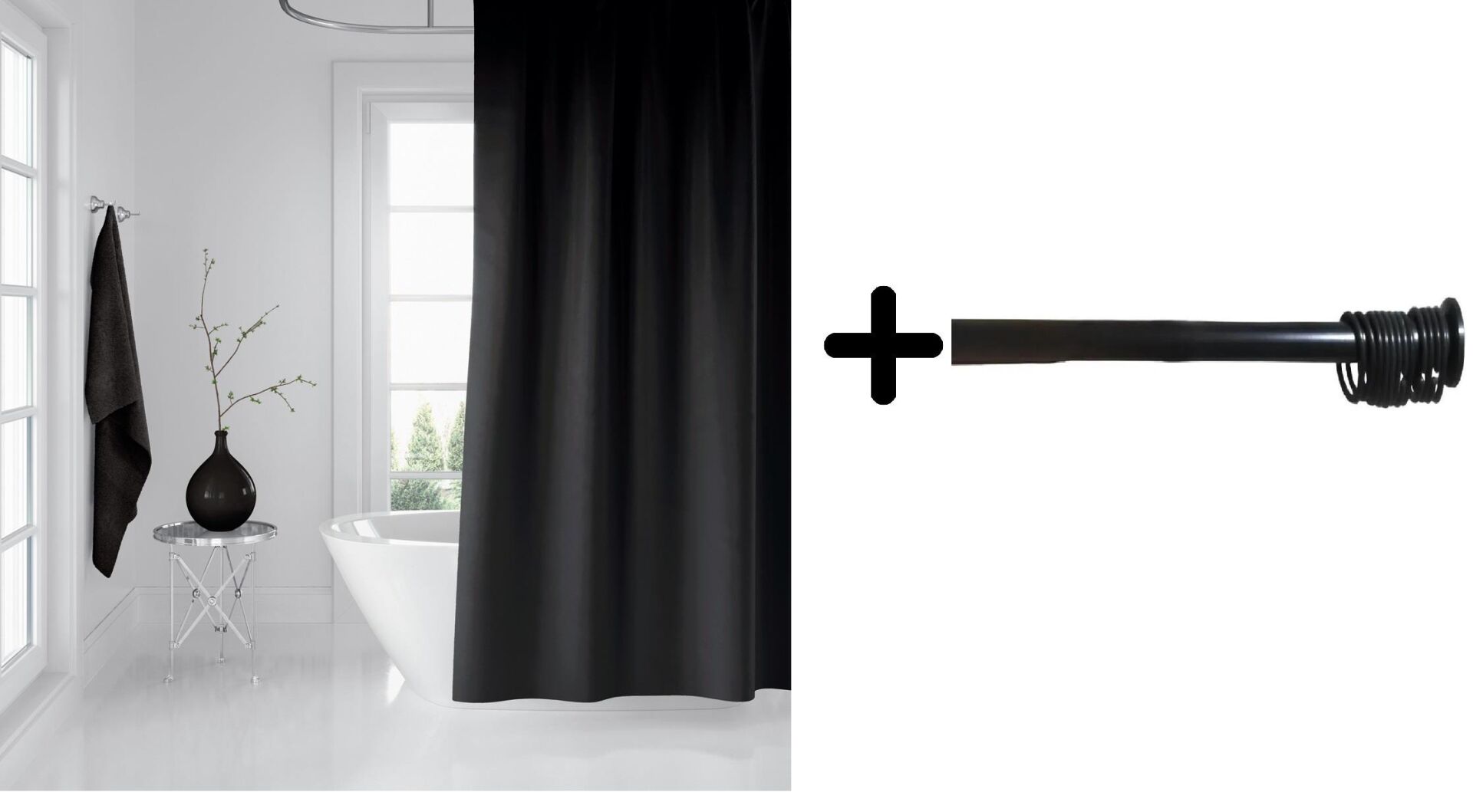 Banyo Perdesi Seti Siyah 120x200 Duş Perdesi , 90x130 Banyo Perde Borusu Siyah Askı Aparatı Hediyeli