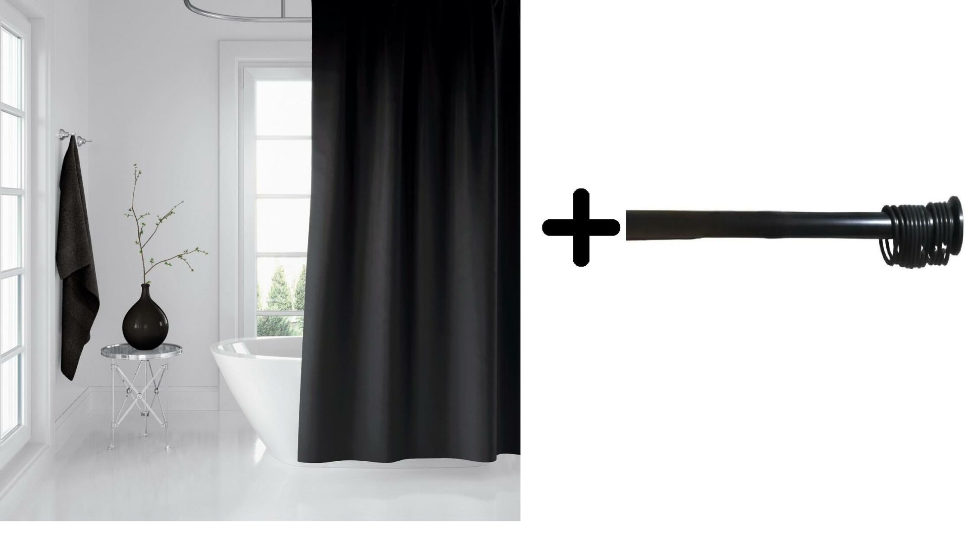 Zethome Banyo Perdesi Siyah Duş Perdesi 180x200 Perde Borusu Askı Aparatı 120x200 Hediyeli Siyah