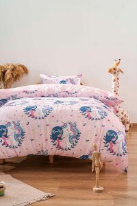 Zethome Unicornlu Pembe Çift Taraflı Kız Çocuk Nevresim Takımı Pamuklu 160x220 cm