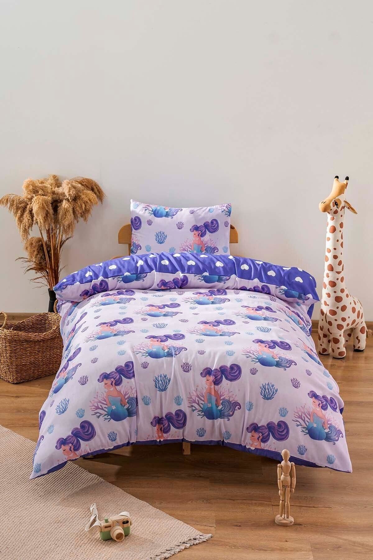 Zethome Deniz Kızı Mor Çift Taraflı Çocuk Nevresim Takımı Pamuklu 160x220cm