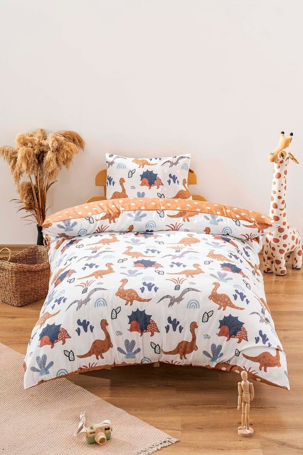 Zethome Kahve Dinozor Çift Taraflı Çocuk Nevresim Takımı Pamuklu 160x220cm