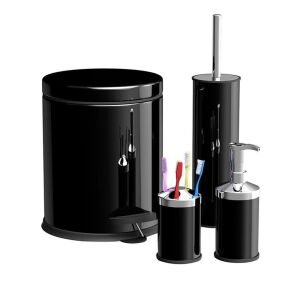 Zethome Siyah Dörtlü Banyo Seti (Çöp Kovası-Fırça-Sabunluk-Diş Fırçalık)