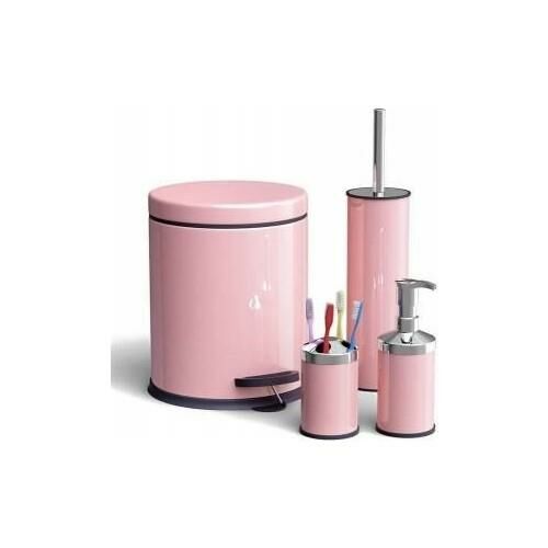Zethome Pembe Dörtlü Banyo Seti (Çöp Kovası-Fırça-Sabunluk-Diş Fırçalık)
