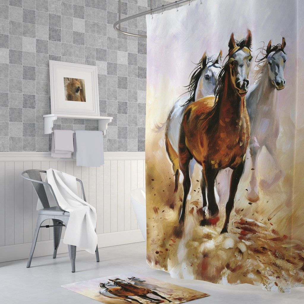 Banyo Perdesi 1x180x200 Tek Kanat Duş Perdesi Halka Hediyeli Duşakabin Perdesi Horses
