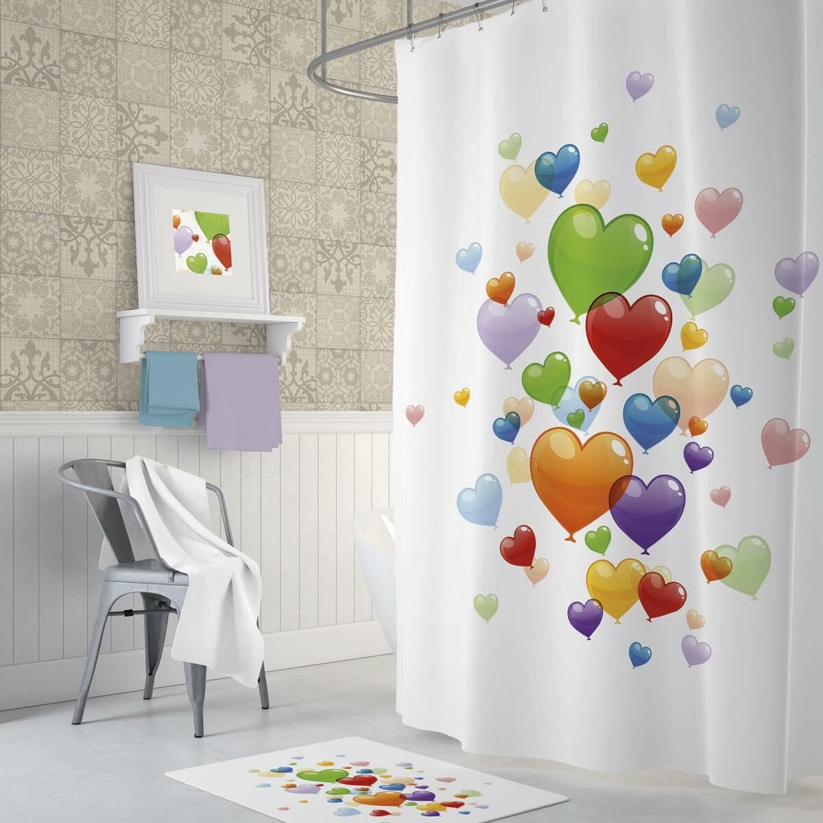 Banyo Perdesi 1x180x200 Tek Kanat Duş Perdesi Halka Hediyeli Duşakabin Perdesi Hearts Balloons