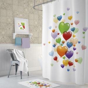 Banyo Perdesi 1x180x200 Tek Kanat Duş Perdesi Halka Hediyeli Duşakabin Perdesi Hearts Balloons