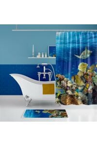 Banyo Paspas Ve Tek Kanat Duş Perdesi 1x180x200 Set Banyo Halısı Aquarium