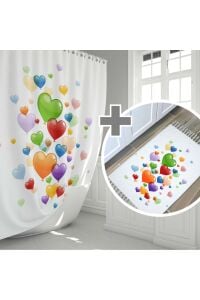 Banyo Paspas Ve Tek Kanat Duş Perdesi 1x180x200 Set Banyo Halısı Heart Ballons
