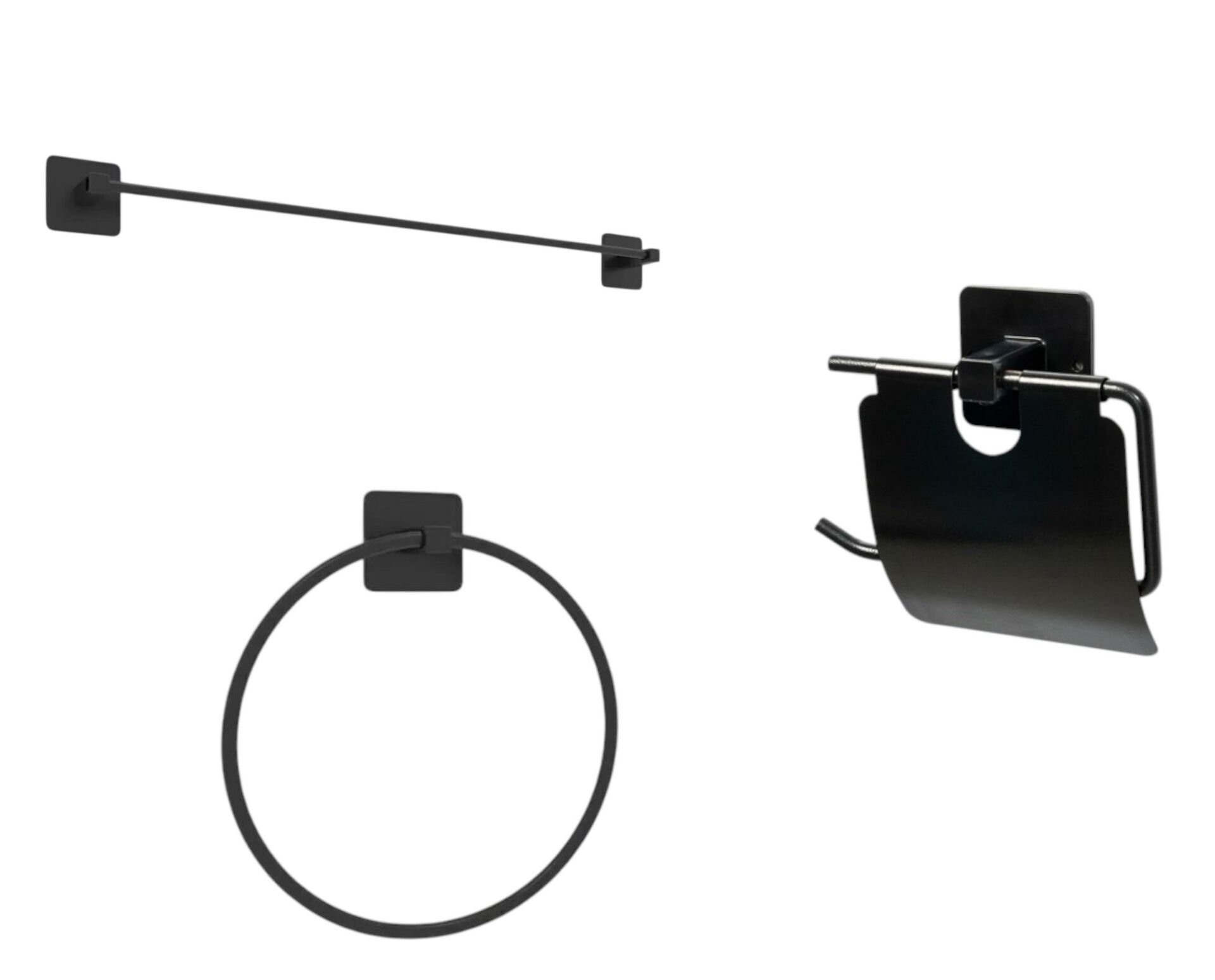 Yapışkanlı Siyah Banyo Seti 3 Parça Uzun Havluluk Yuvarlak Havluluk Kapaklı Kağıtlık