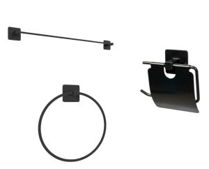 Yapışkanlı Siyah Banyo Seti 3 Parça Uzun Havluluk Yuvarlak Havluluk Kapaklı Kağıtlık