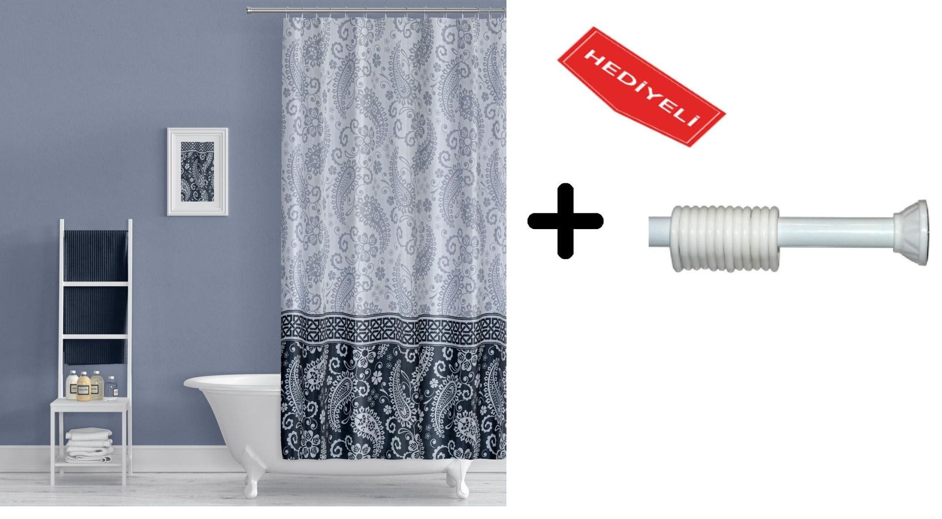 Banyo Perdesi Seti 110x200 Duş Perdesi , 90x130 Banyo Perde Borusu Beyaz Askı Aparatı Hediyeli 2102