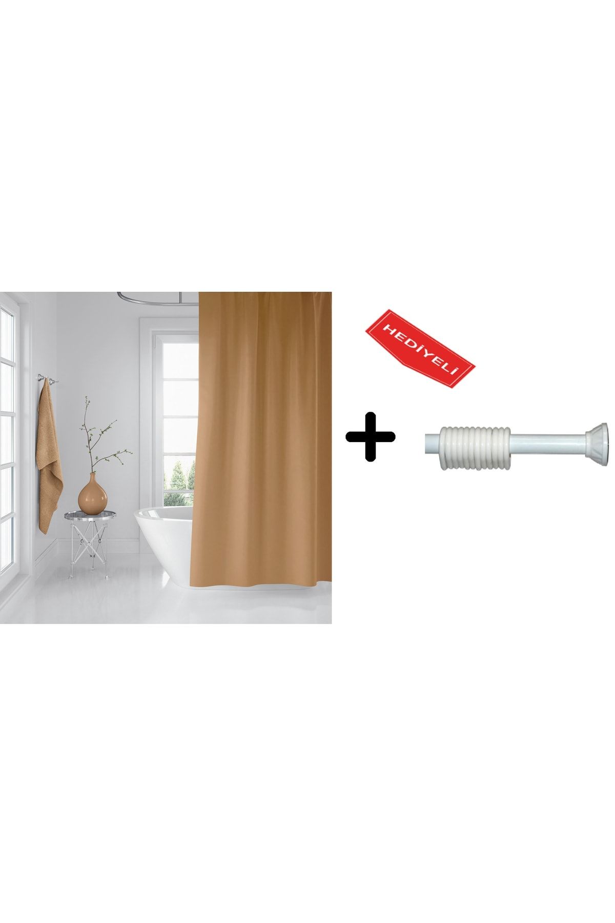 Banyo Perdesi Seti Bej 120x200 Duş Perdesi , 90x130 Banyo Perde Borusu Beyaz Askı Aparatı Hediyeli 0010