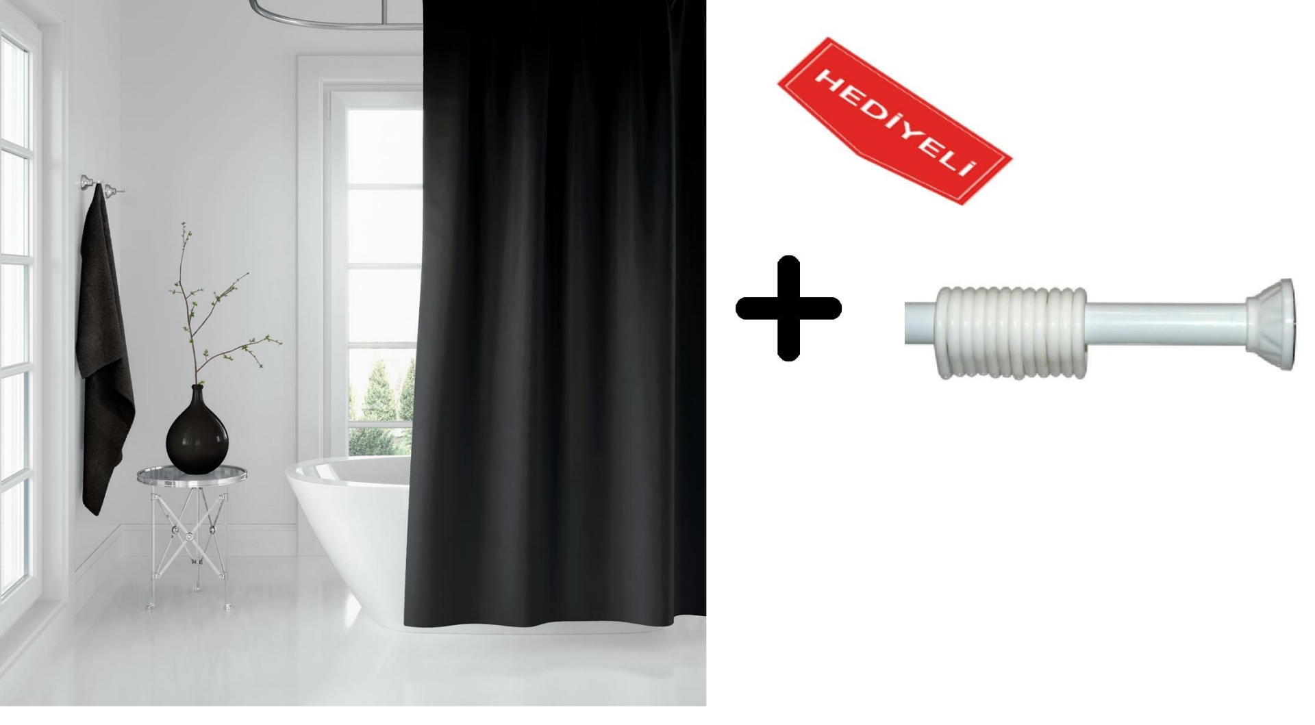 Banyo Perdesi Seti Siyah 120x200 Duş Perdesi , 90x130 Banyo Perde Borusu Beyaz Askı Aparatı Hediyeli 0010