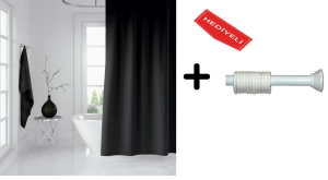 Banyo Perdesi Seti Siyah 120x200 Duş Perdesi , 90x130 Banyo Perde Borusu Beyaz Askı Aparatı Hediyeli 0010