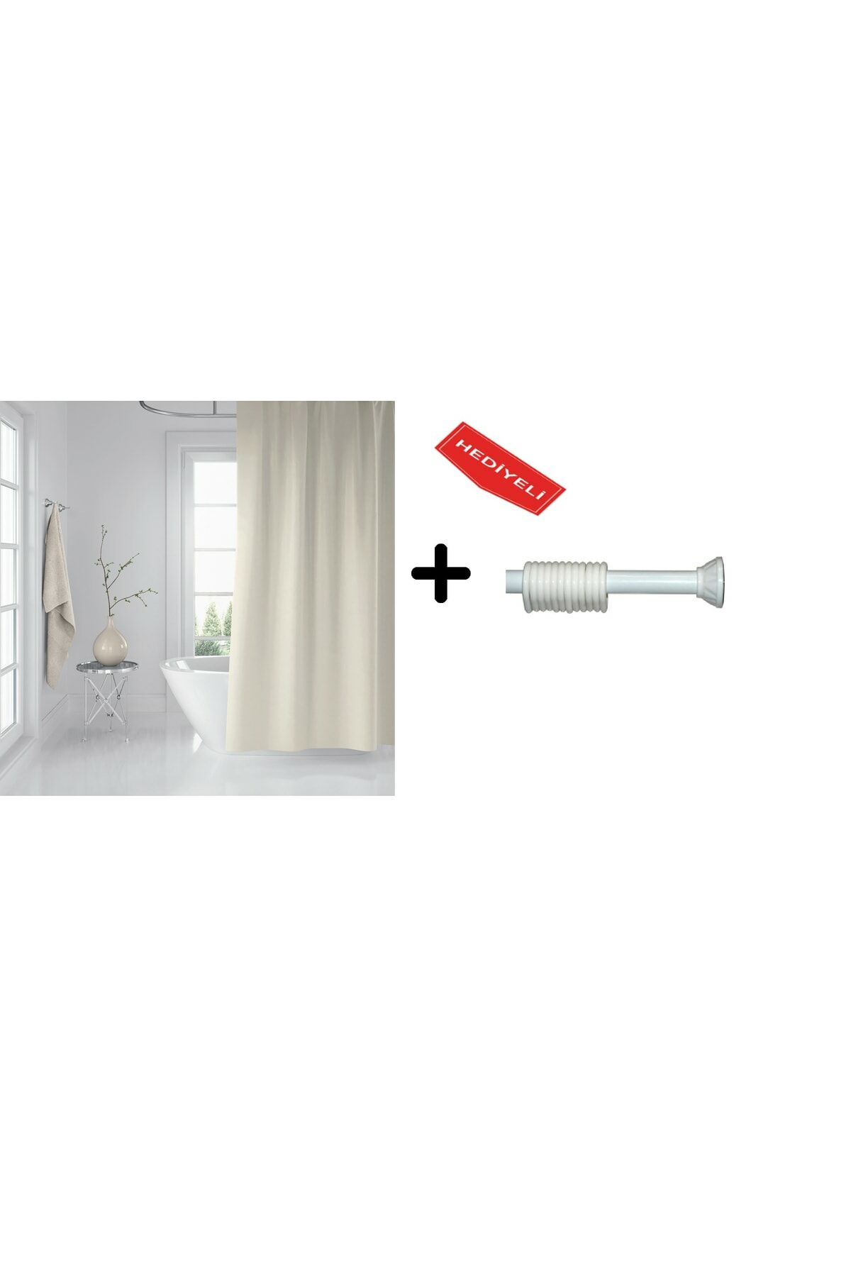 Banyo Perdesi Seti Krem 120x200 Duş Perdesi , 90x130 Banyo Perde Borusu Beyaz Askı Aparatı Hediyeli 0010