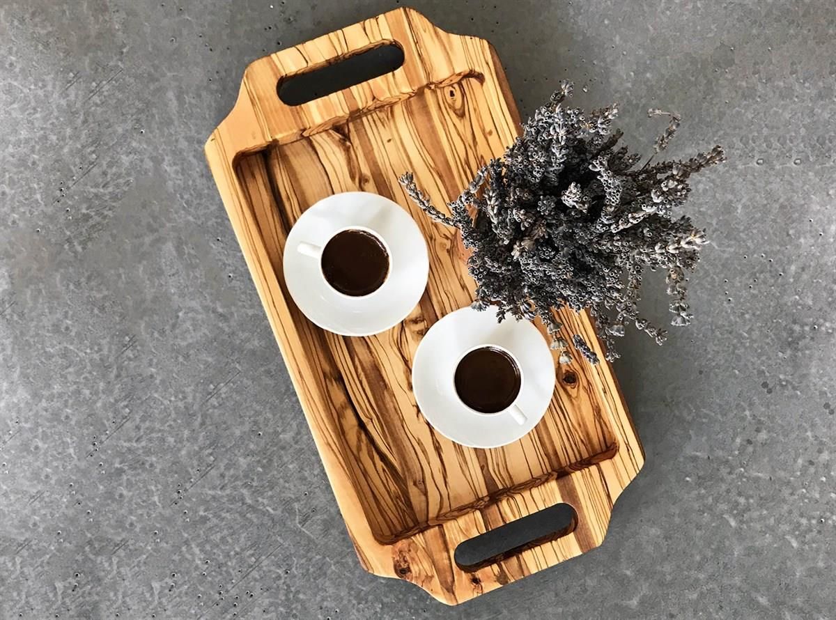 Zethome Zeytin Ağacı Ahşap Kulplu Çay Tepsisi