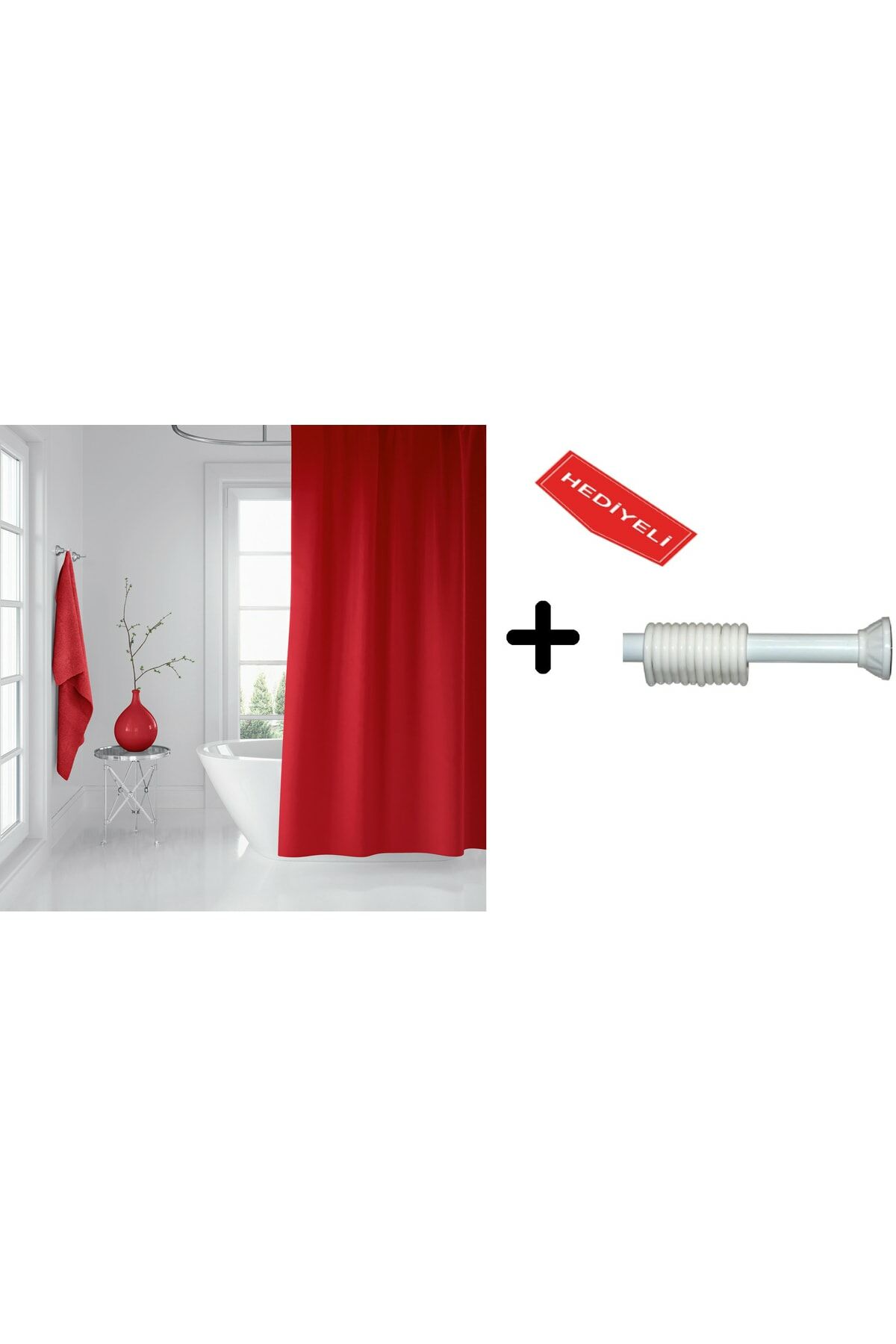 Banyo Perdesi Seti Kırmızı 120x200 Duş Perdesi , 90x130 Banyo Perde Borusu Beyaz Askı Aparatı Hediyeli 0010