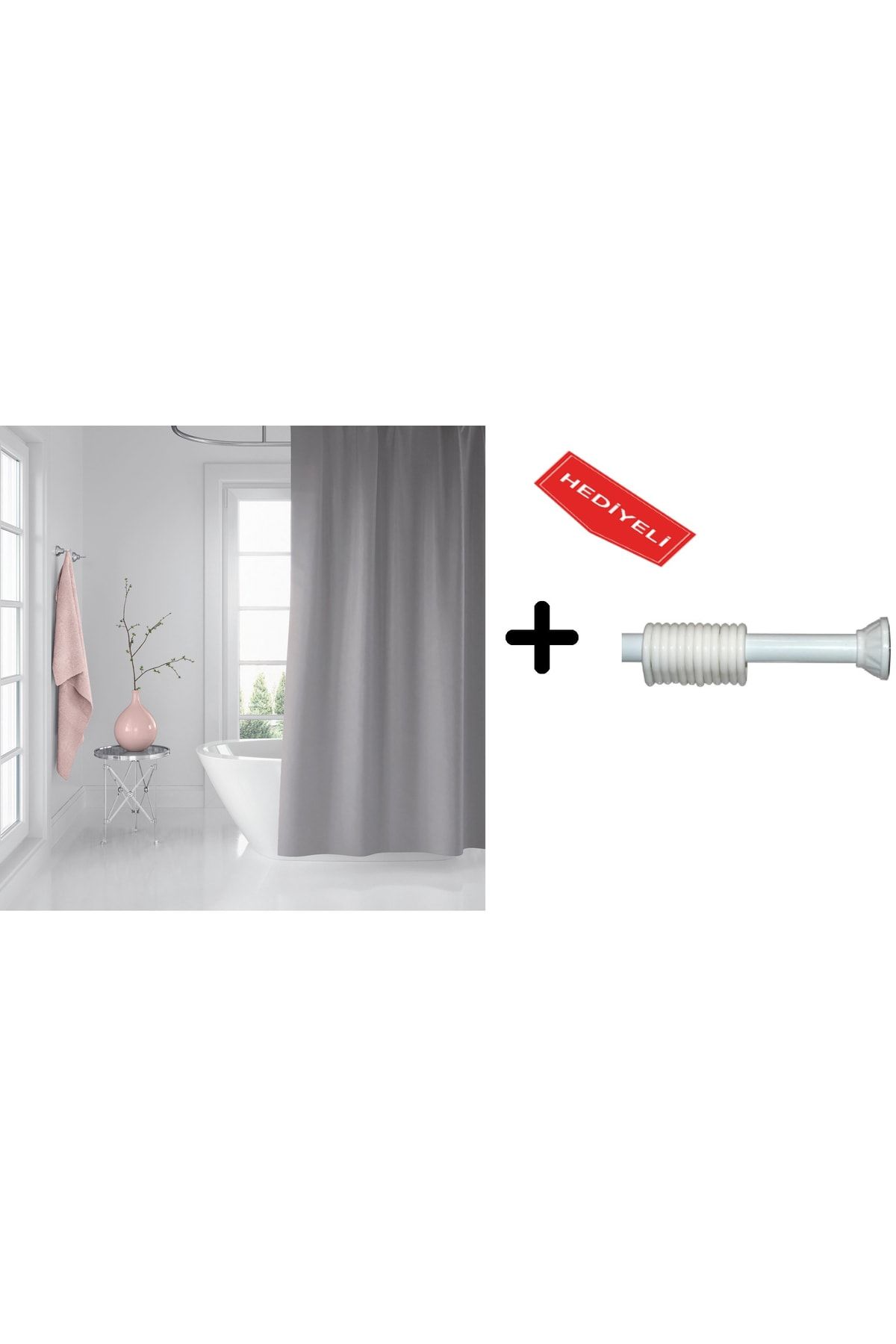 Banyo Perdesi Seti Gri 120x200 Duş Perdesi , 90x130 Banyo Perde Borusu Beyaz Askı Aparatı Hediyeli 0010