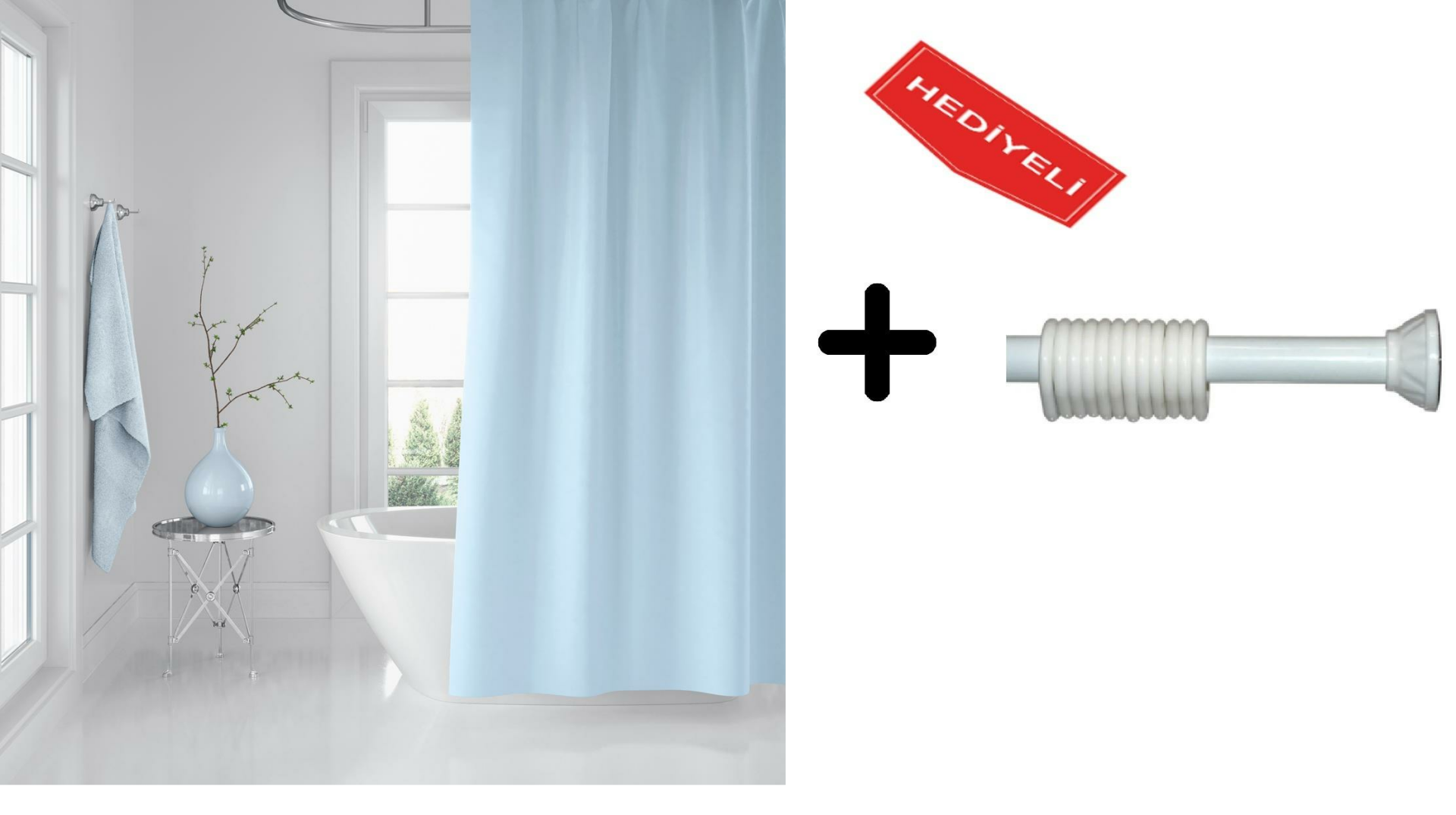 Banyo Perdesi Seti Mavi 120x200 Duş Perdesi , 90x130 Banyo Perde Borusu Beyaz Askı Aparatı Hediyeli 0010