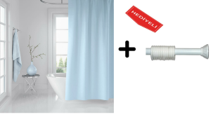 Banyo Perdesi Seti Mavi 120x200 Duş Perdesi , 90x130 Banyo Perde Borusu Beyaz Askı Aparatı Hediyeli 0010
