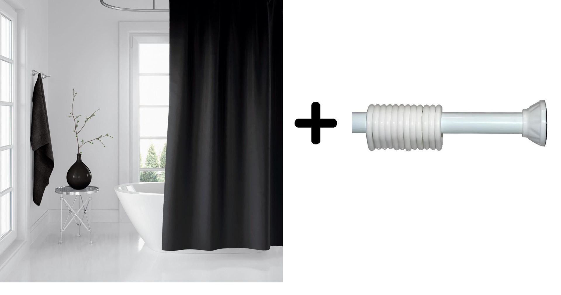 Zethome Banyo Duş Perdesi Siyah 180x200 Perde Borusu Askı Aparatı 120x200 Hediyeli