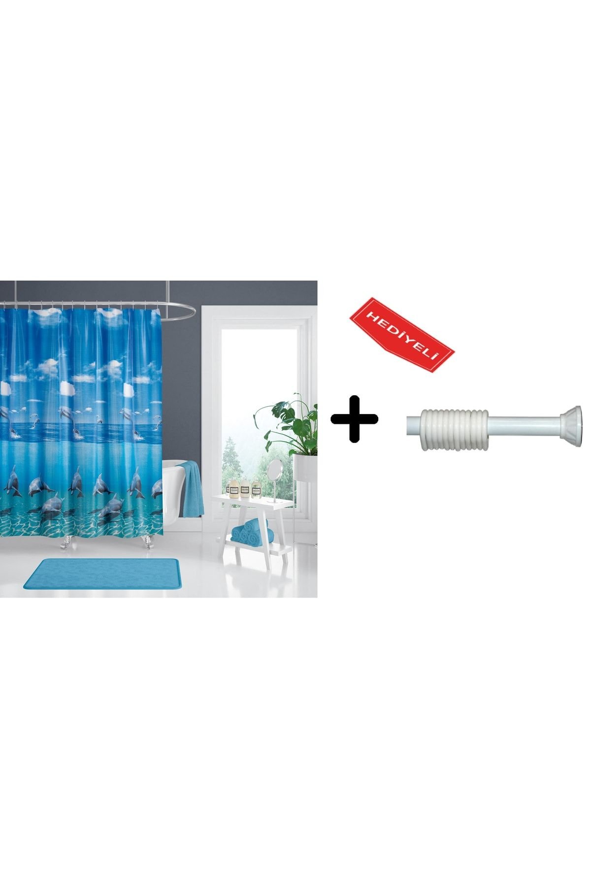 Banyo Perdesi Seti 120x200 Duş Perdesi , 90x130 Banyo Perde Borusu Beyaz Askı Aparatı Hediyeli 8852