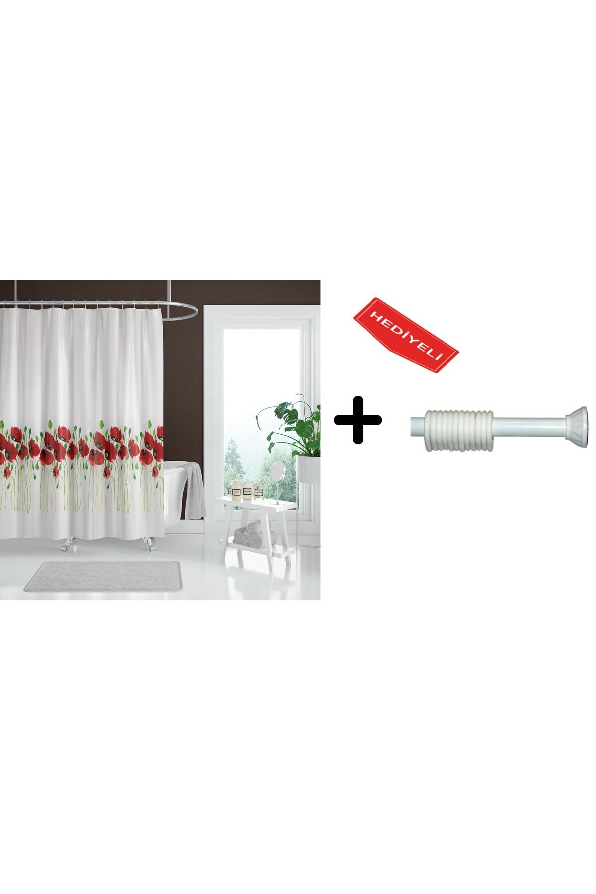 Banyo Duş Perdesi 7081 120x200 Perde Borusu Askı Aparatı 90x130 Hediyeli