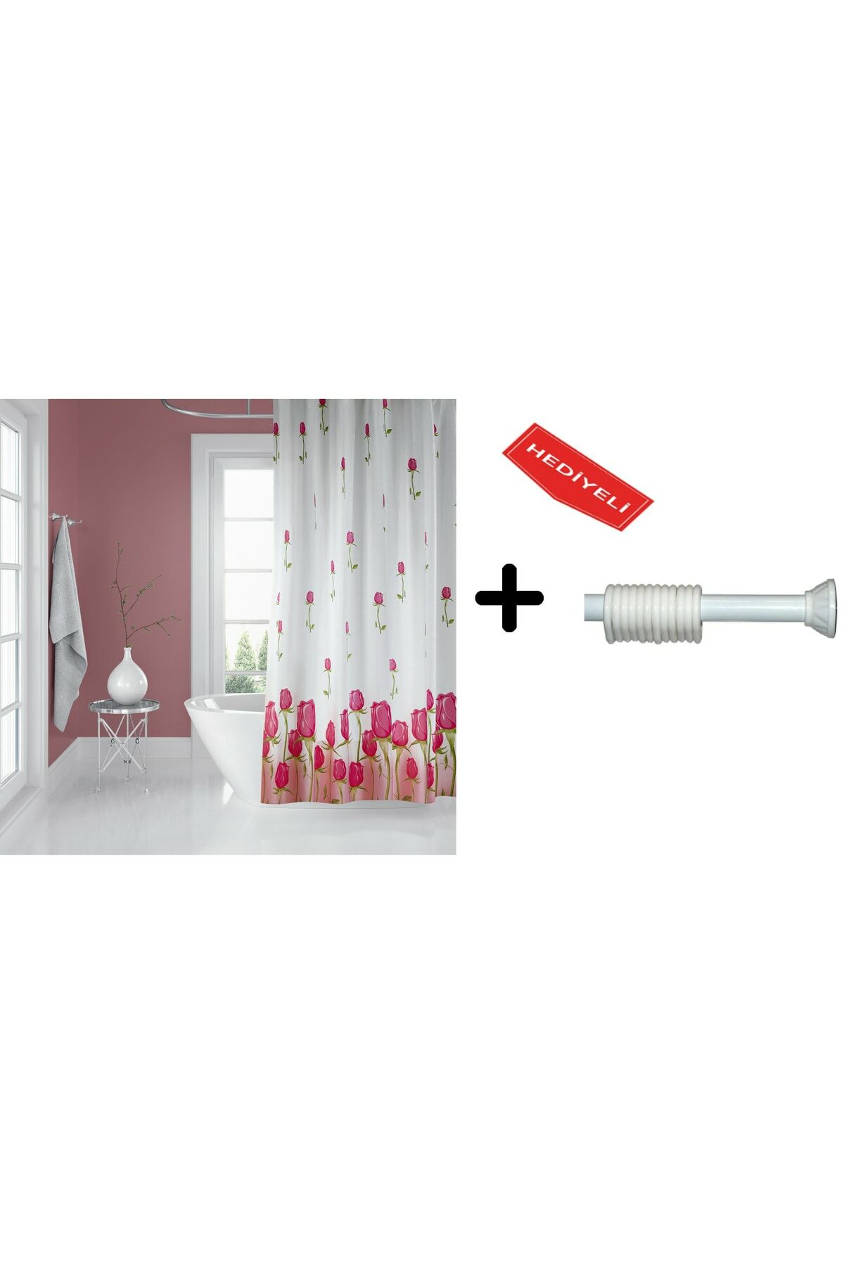 Banyo Duş Perdesi 7017 120x200 Perde Borusu Askı Aparatı 90x130 Hediyeli