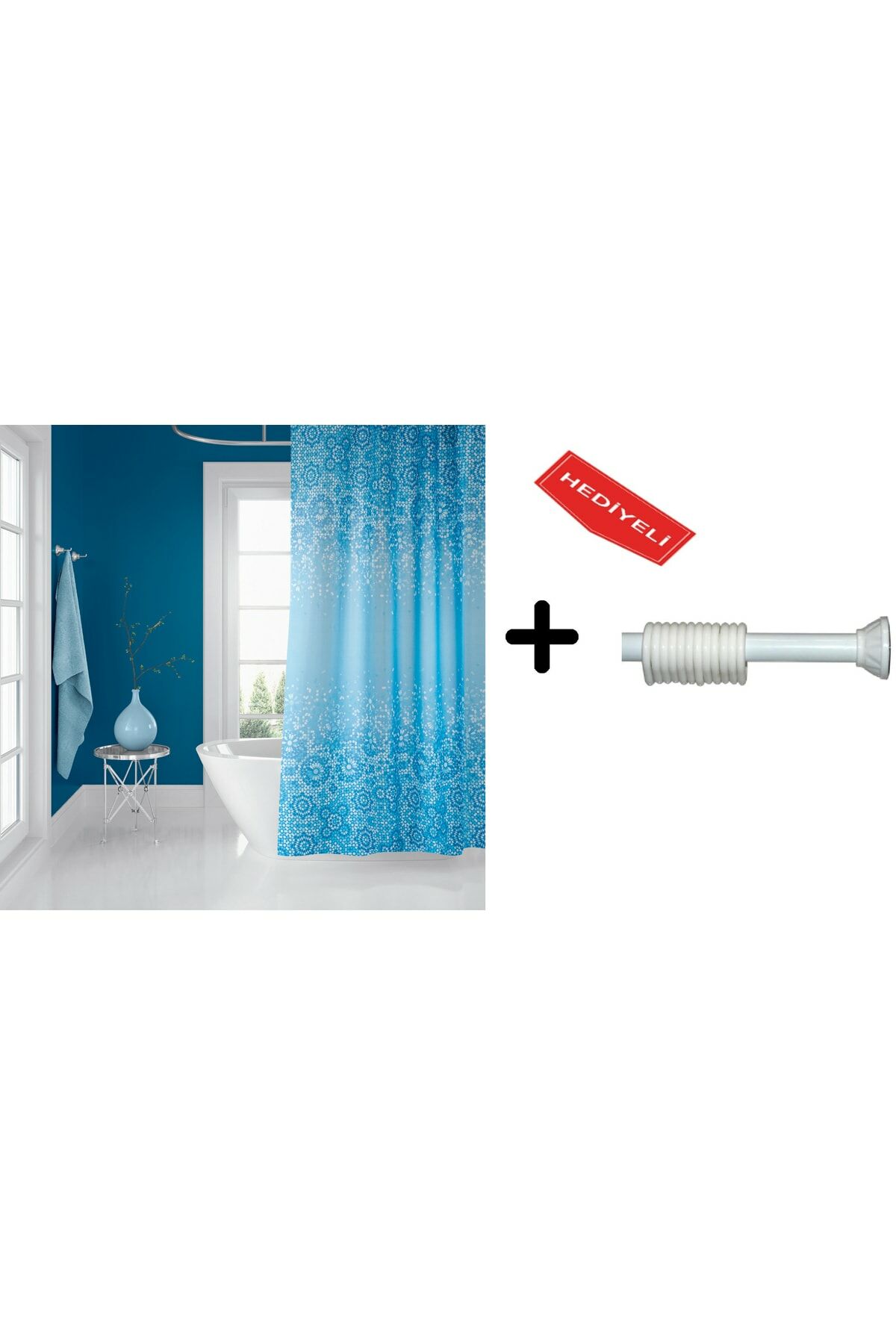 Banyo Duş Perdesi 6303 120x200 Perde Borusu Askı Aparatı 90x130 Hediyeli