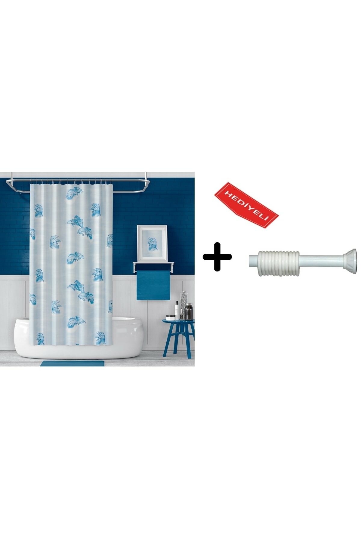 Banyo Duş Perdesi 7085 110x200 Perde Borusu Askı Aparatı 90x130 Hediyeli