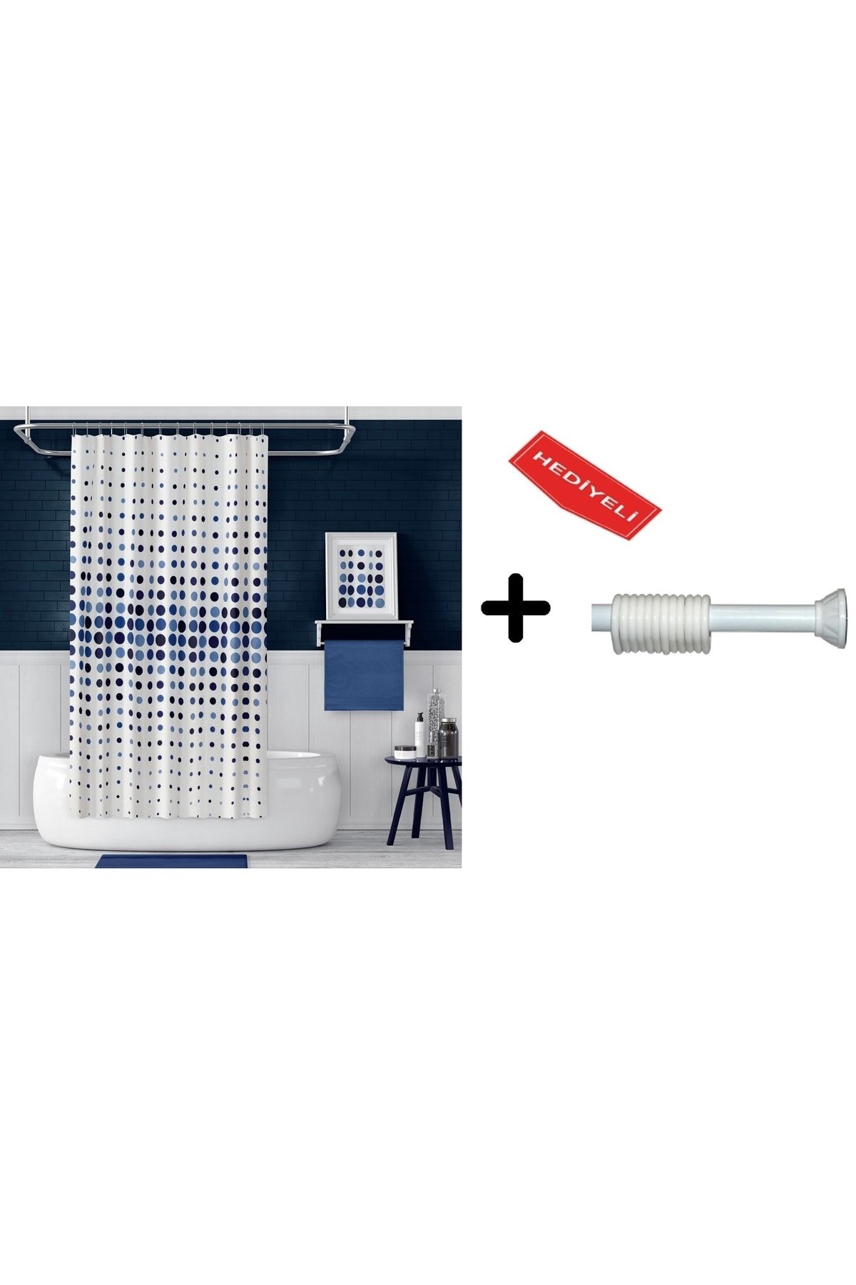 Banyo Duş Perdesi 4961 Mavi 110x200 Perde Borusu Askı Aparatı 90x130 Hediyeli