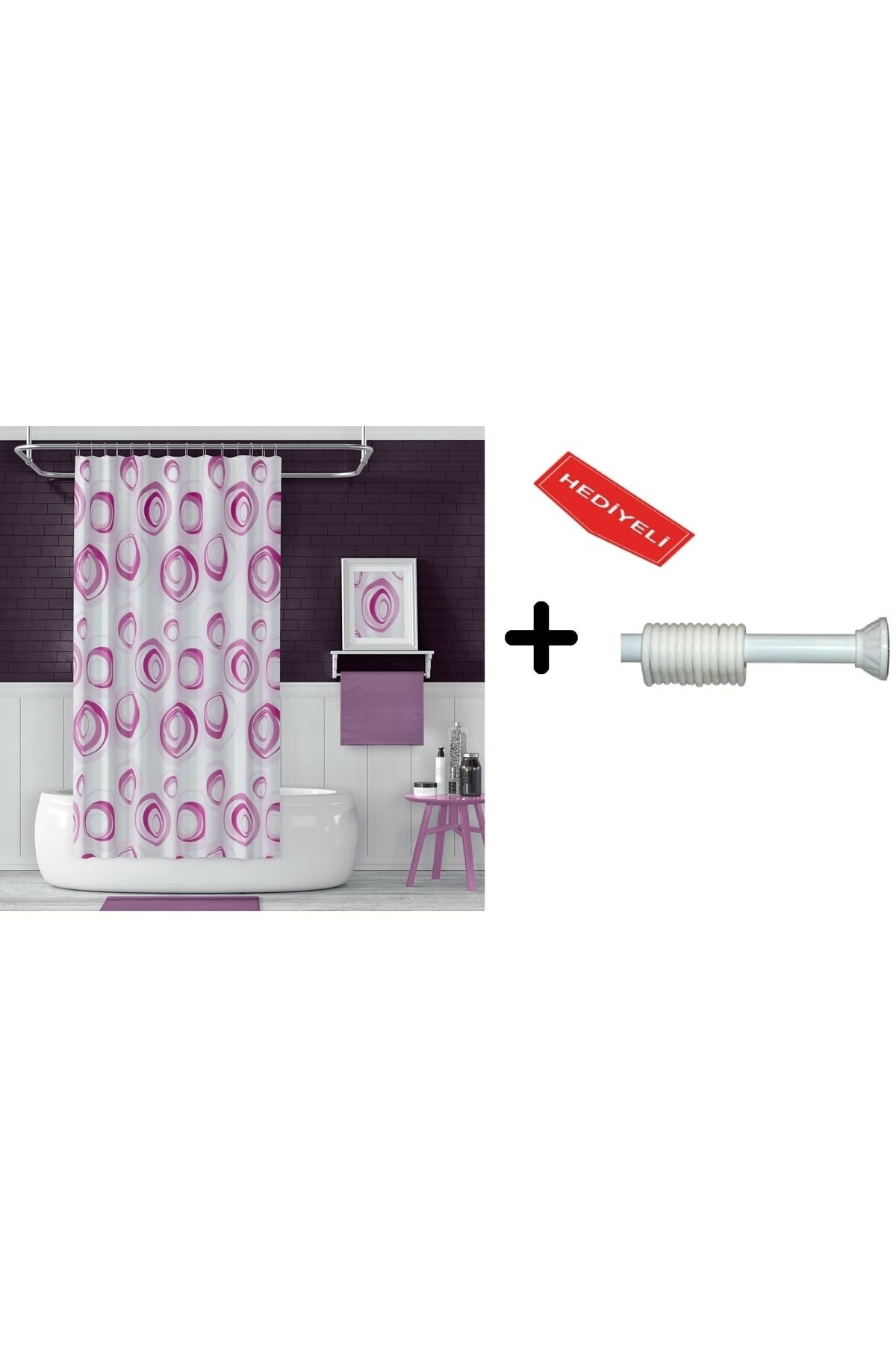 Banyo Perdesi Seti Pembe 110x200 Duş Perdesi , 90x130 Banyo Perde Borusu Beyaz Askı Aparatı Hediyeli 4954