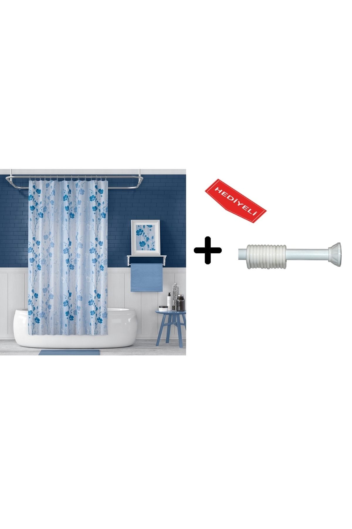 Banyo Perdesi Seti 110x200 Duş Perdesi , 90x130 Banyo Perde Borusu Beyaz Askı Aparatı Hediyeli 4246