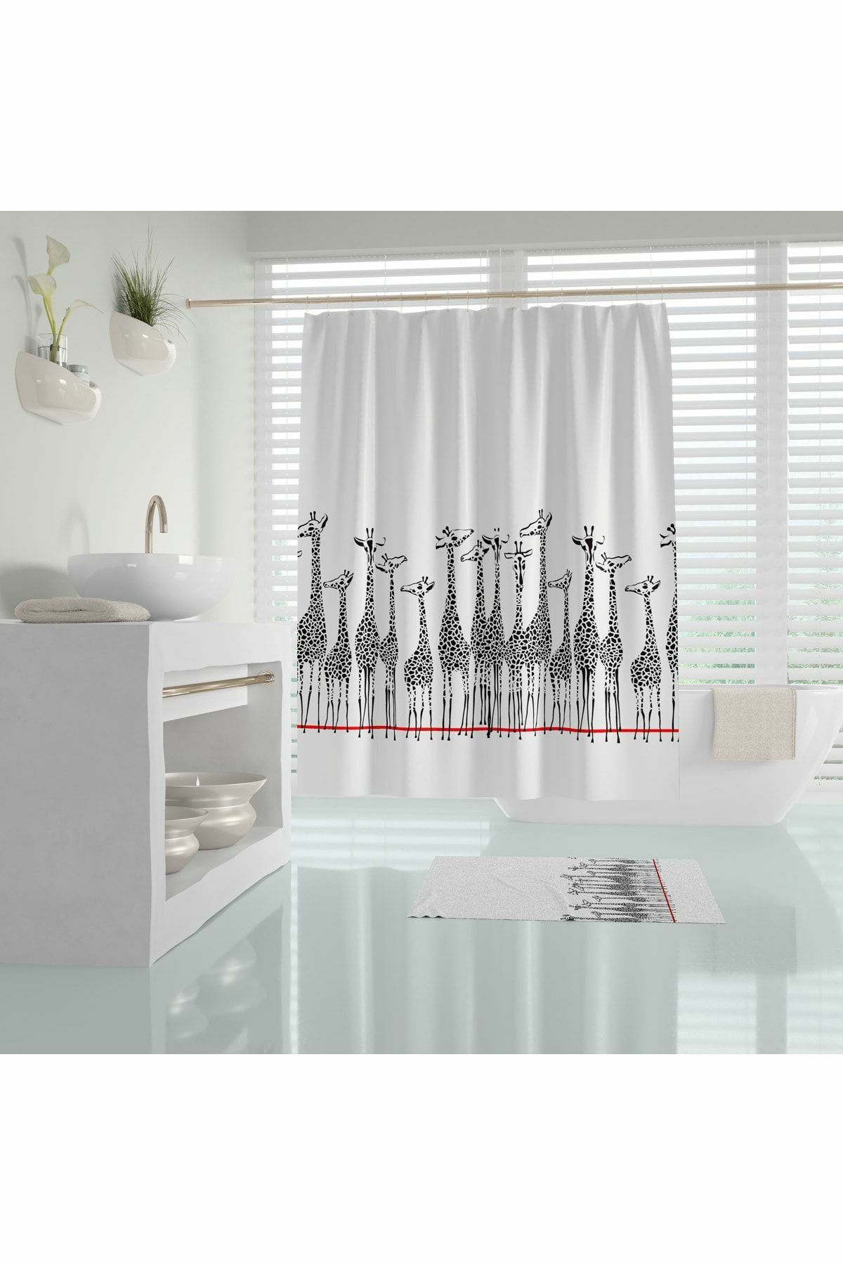 Banyo Paspas Ve Tek Kanat Duş Perdesi 1x180x200 Set Banyo Halısı Giraffe