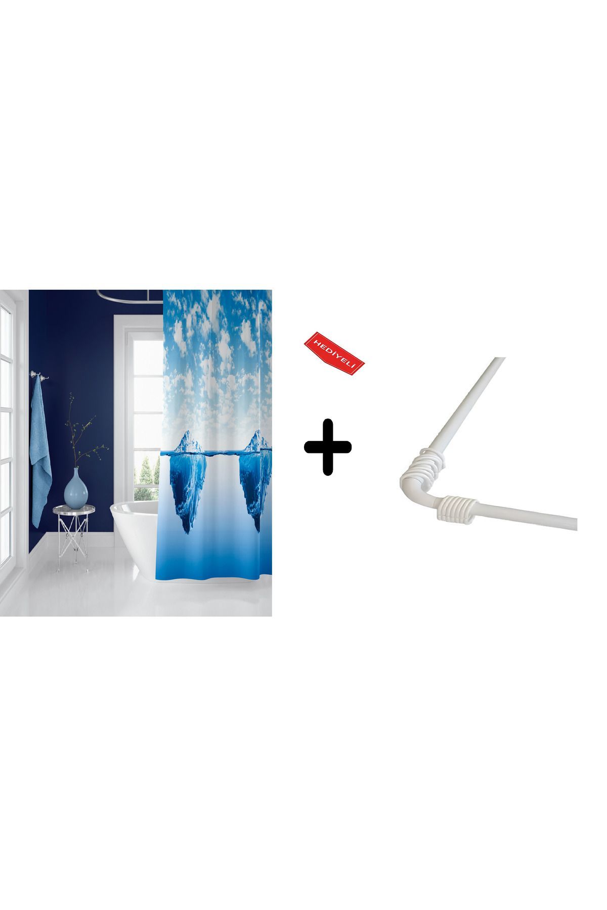 Banyo Perdesi 5322 1x180x200, Perde Borusu Askı Aparatı Köşe Boru Beyaz Hediyeli, Duş Perdesi Seti