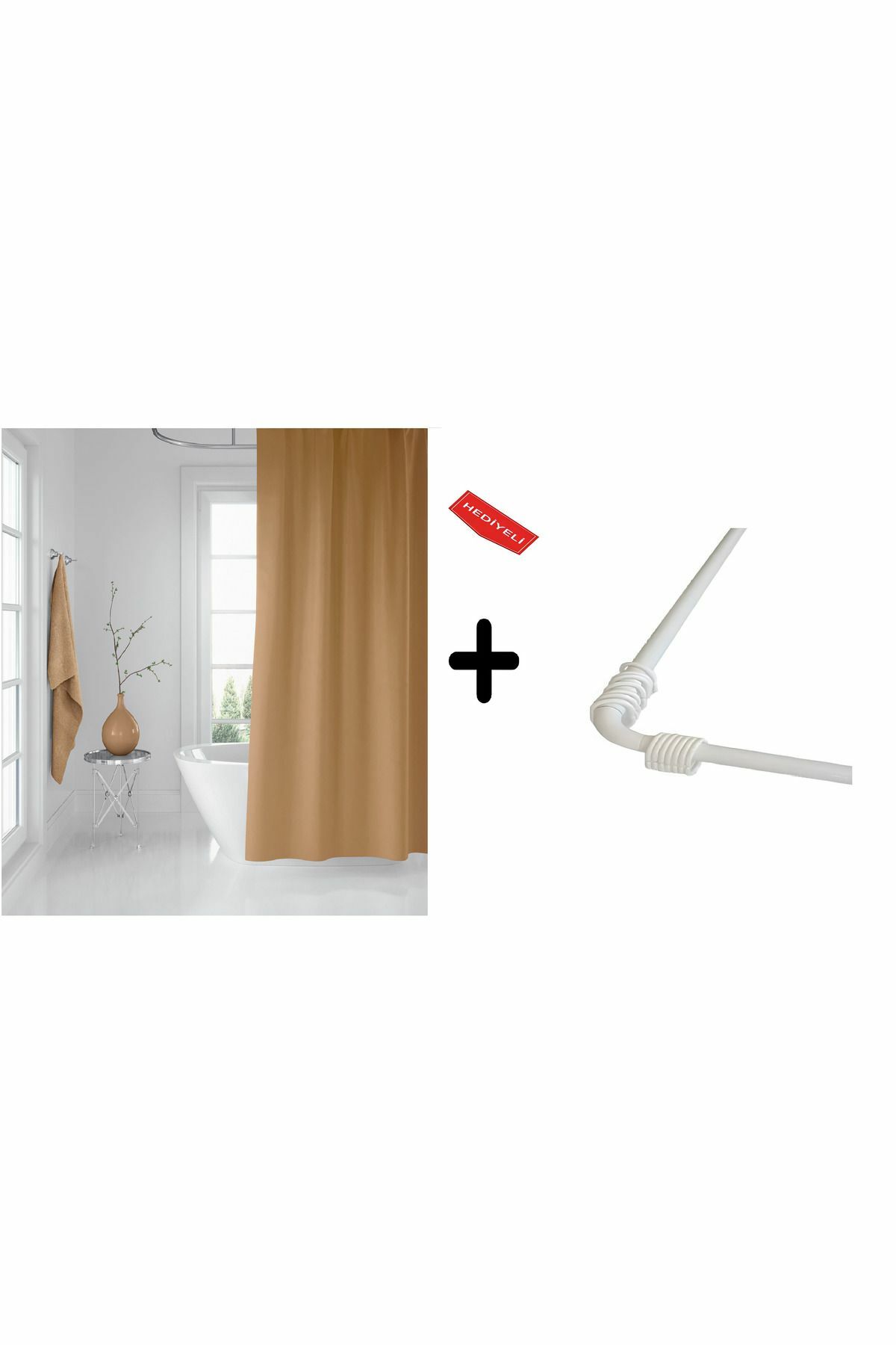 Banyo Perdesi Bej 1x180x200, Perde Borusu Askı Aparatı Köşe Boru Beyaz Hediyeli, Duş Perdesi Seti