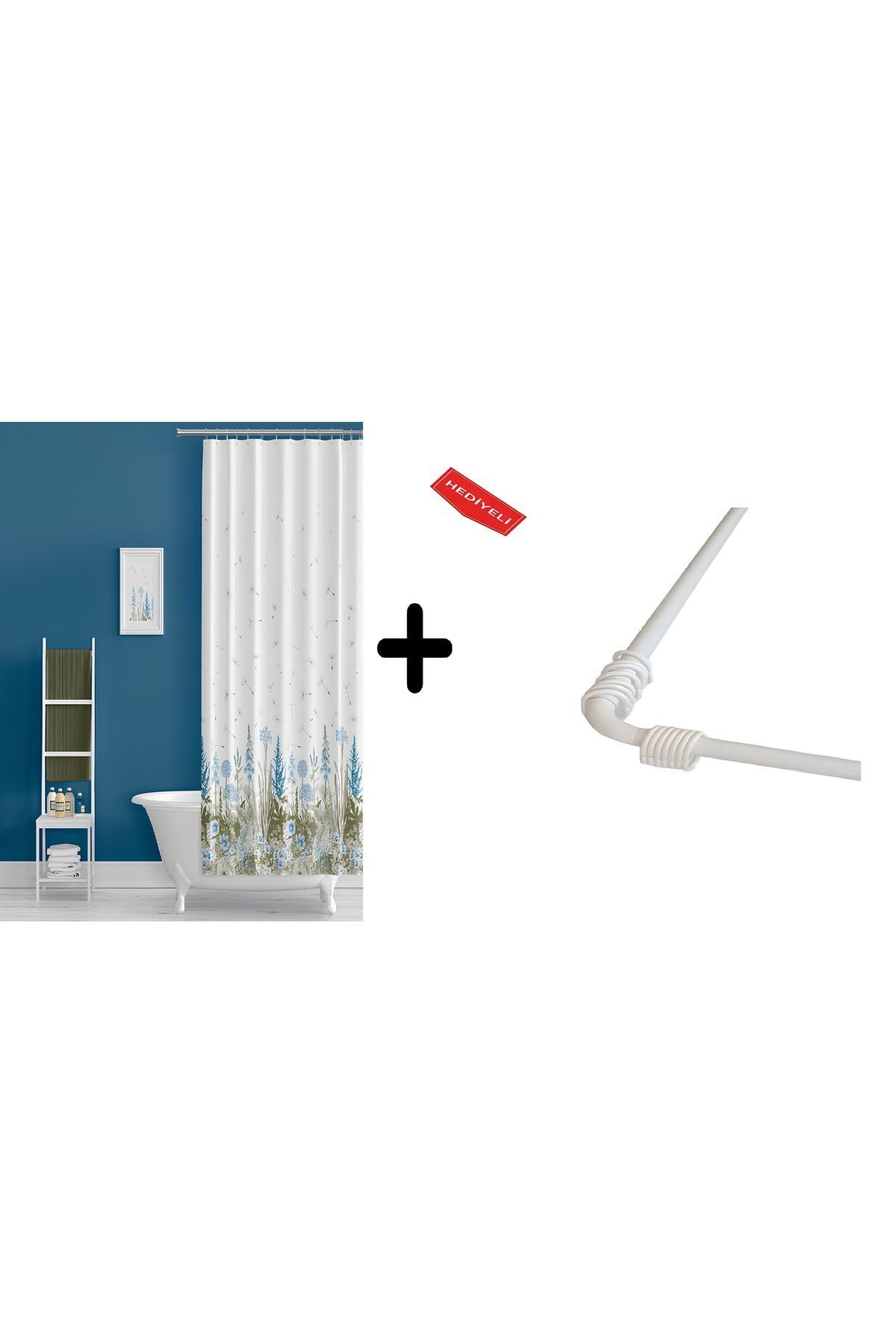 Banyo Perdesi 2558 1x180x200, Perde Borusu Askı Aparatı Köşe Boru Beyaz Hediyeli, Duş Perdesi Seti