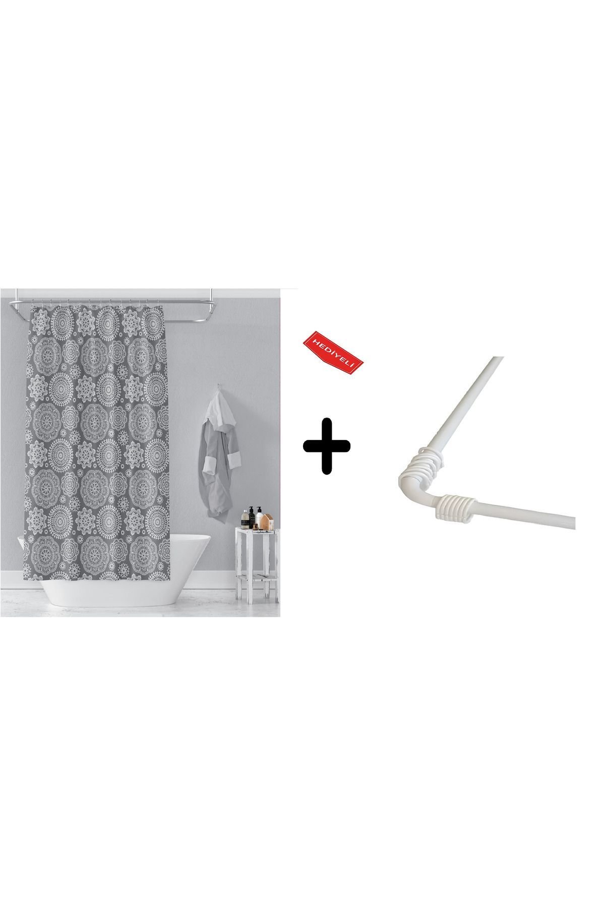 Banyo Perdesi 2882 1x180x200, Perde Borusu Askı Aparatı Köşe Boru Beyaz Hediyeli, Duş Perdesi Seti