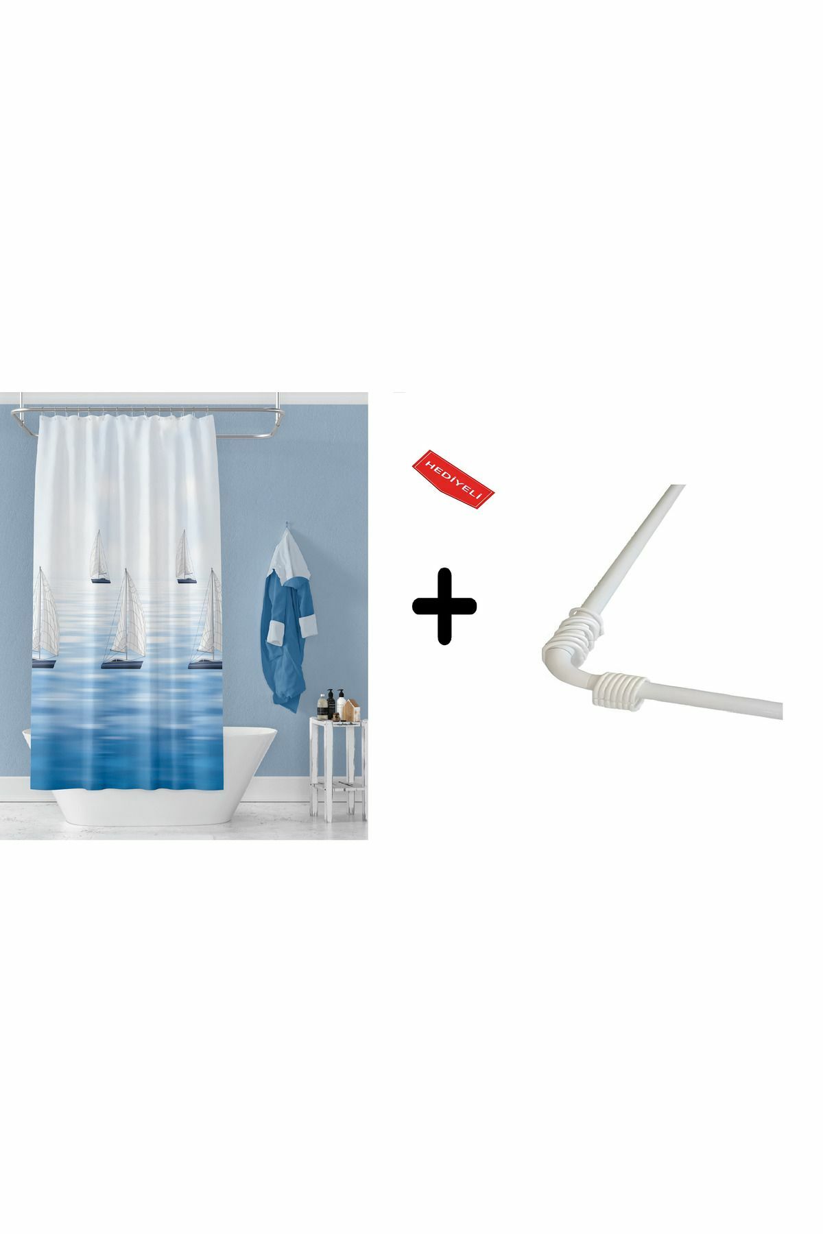 Banyo Perdesi 9889 1x180x200, Perde Borusu Askı Aparatı Köşe Boru Beyaz Hediyeli, Duş Perdesi Seti