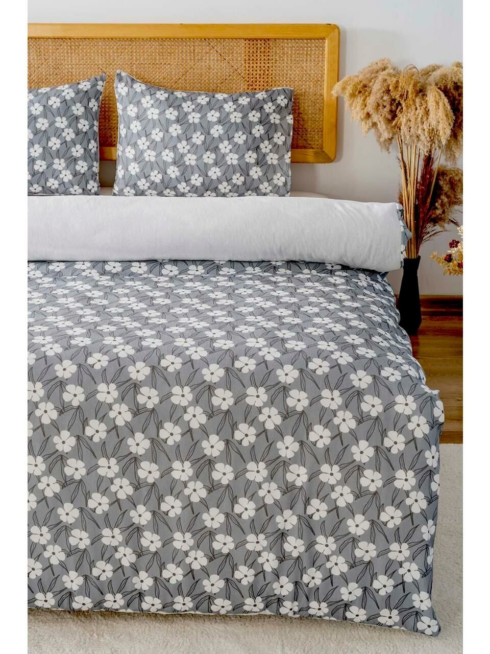 Gri Çift Kişilik Nevresim Takımı Pamuklu Çiçek Desenli Henna 200x215 cm