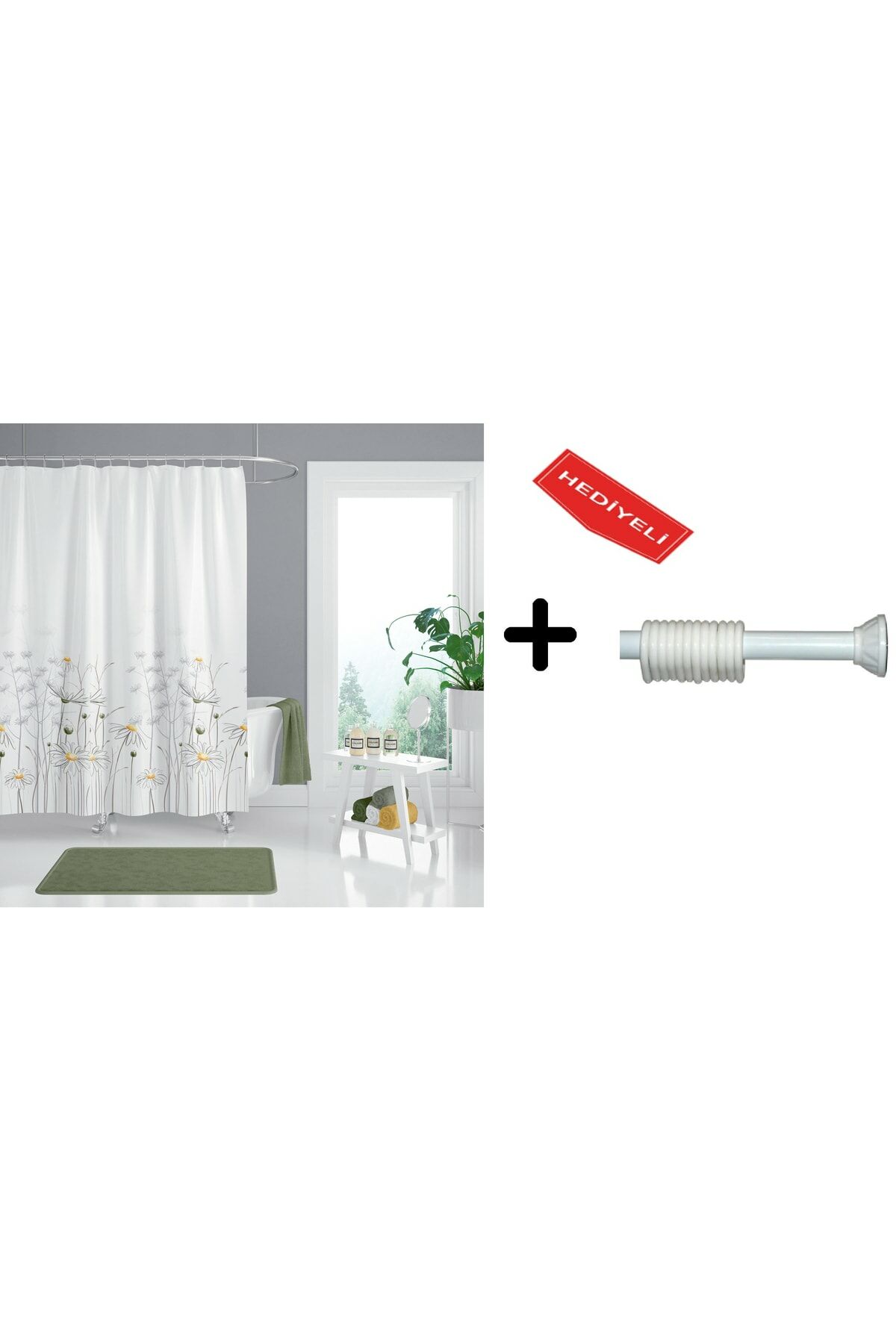 Banyo Duş Perdesi 8441 120x200 Perde Borusu Askı Aparatı 90x130 Hediyeli