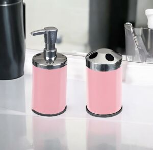 Zethome Paslanmaz Set Üstü Sıvı Sabunluk Ve Diş Fırçalık Set Pembe