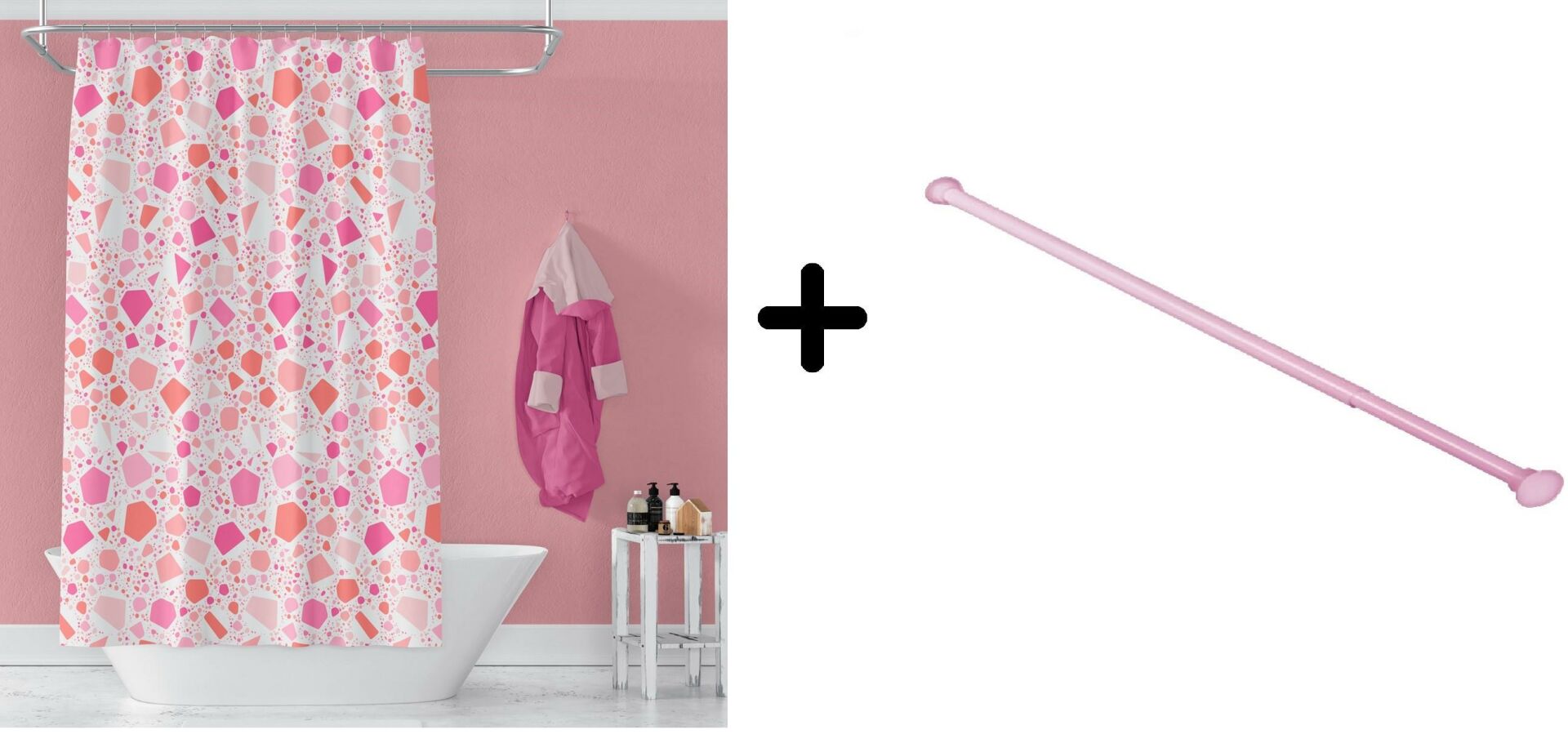 Zethome Banyo Duş Perdesi 6811 180x200 Perde Borusu Askı Aparatı Pembe 160x260 Hediyeli