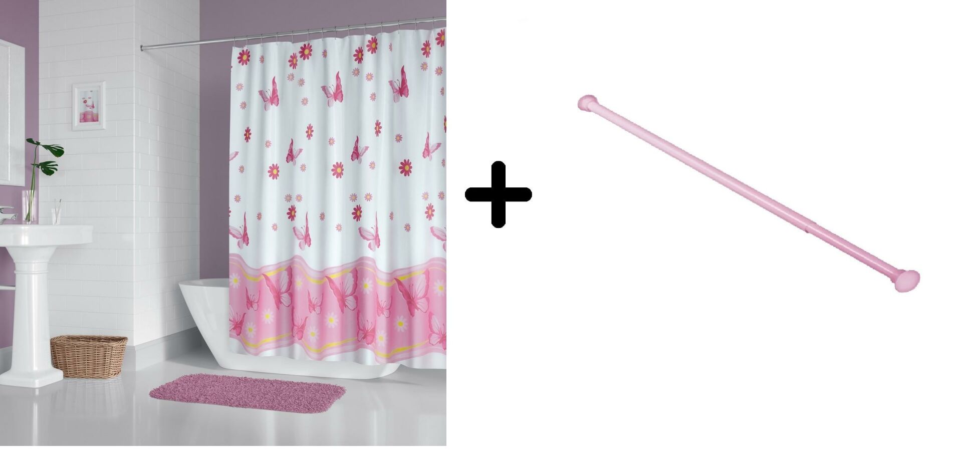 Zethome Banyo Duş Perdesi 6020 180x200 Perde Borusu Askı Aparatı Pembe 160x260 Hediyeli