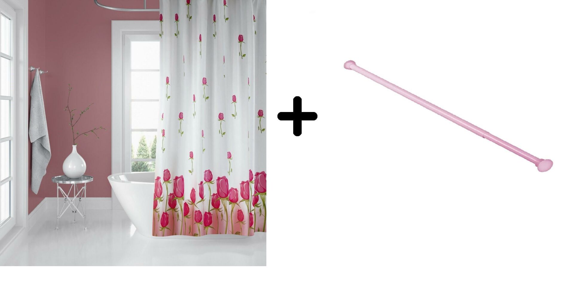 Banyo Duş Perdesi 7017 180x200 Perde Borusu Askı Aparatı Pembe 160x260 Hediyeli